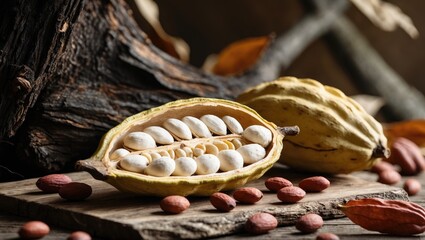 Poster - Wooden backdrop featuring cacao fruit, raw beans, and pod.