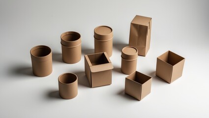 Poster - Craft bag releasing cardboard containers for food, drinks, and items, isolated on white, from a top perspective