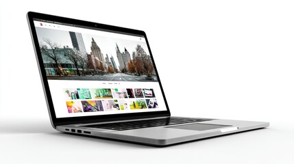 Poster - a modern laptop with an open screen showing a website design on a white isolated background, profess