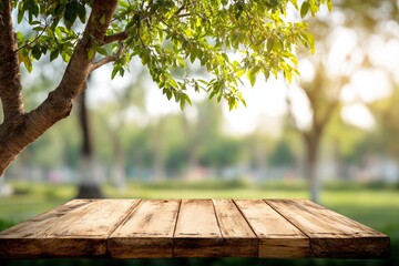 Poster - A rustic wooden table set against a blurred garden backdrop serves as a countryside-themed setting for showcasing food or catering products