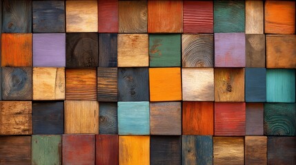 Poster - The background consists of an abstract stack of wooden blocks on the wall, highlighting an aged art architectural texture, paired with a colorful abstract wood texture for a backdrop