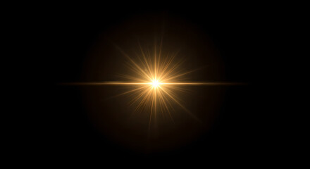 Poster - Golden starburst light effect overlay on black background, abstract bright sun ray element designed for graphic projects and photoshop edits and design