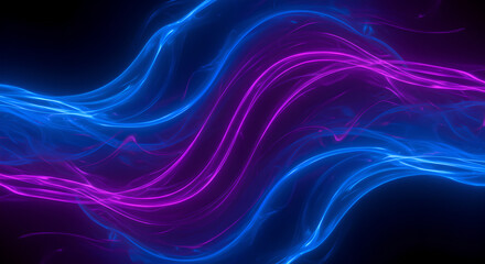 Poster - Abstract light effect with glowing blue and purple undulating lines resembling plasma waves or rippling fibers. Digital art background for creative designs, photoshop overlays, and visual effects.