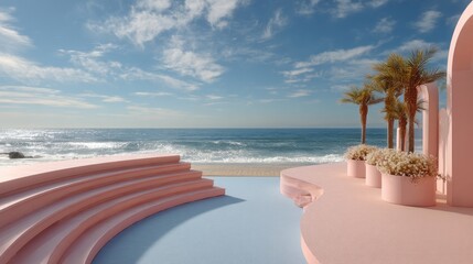 Aufkleber - Beneath a vast blue sky, a stunning pink and blue stage invites celebration, surrounded by palm trees and waves gently crashing on the shore during a picturesque evening