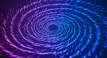 Poster - Abstract tunnel of moving particles in blue and purple gradient colors. Digital data visualization concept for cybersecurity and technology background.