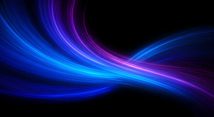Poster - flowing blue and purple light trails on dark abstract background. dynamic energy wave pattern or data stream concept for web and digital design template.