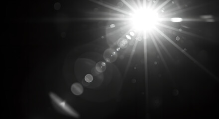 Wall Mural - bright sun flare light leak overlay with rays and white bokeh on black background. abstract light ef