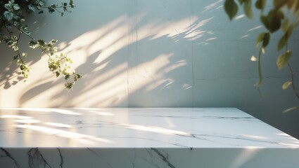 Aufkleber - Concrete Wall Texture Background with White Marble Table and Tree Shadow in Garden, Suitable for Display, Presentation, and Mock-up.