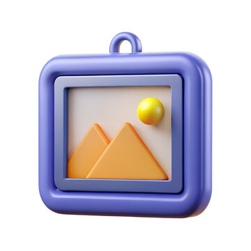3d rendering of picture frame with mountain landscape scene and yellow sun icon