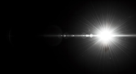 Poster - Abstract light flare on black background with optical lens effect. Rays of light. Digital light leak effect for photoshop or overlay use.