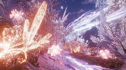Wall Mural - glowing plants and icy landscape at night.