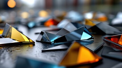 Abstract colorful geometric glass shapes reflecting light on textured surface with bokeh background