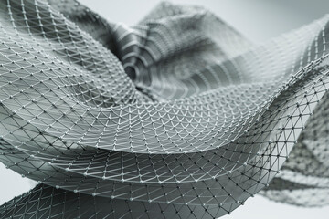 Abstract 3D rendering of a geometric mesh structure representing connectivity and network concepts