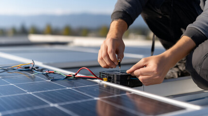 Close-up of solar installer wiring panel connections on rooftop array during sunny day