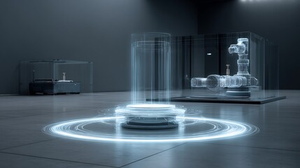 Poster - Futuristic technology showcase with holographic prototypes and energy trails