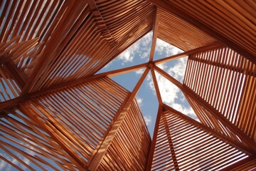 Poster - The blue cloudy sky provides a backdrop for geometric windows made of wood