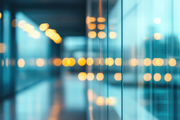 Poster - Modern glass architecture creates serene atmosphere with soft bokeh lights reflecting on surface
