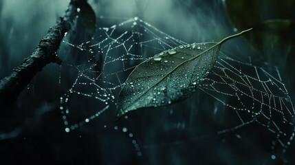 A wet leaf on a spider web covered in tiny water droplets