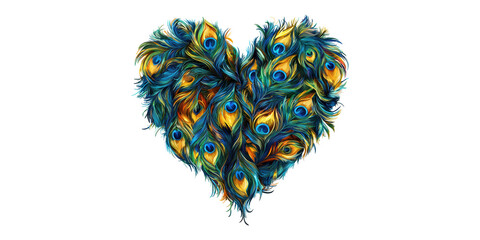 Poster - Heart-Shaped Peacock Feather Arrangement. Symbol Of Love And Elegance In Nature-Inspired Art Isolated On Transparent Background