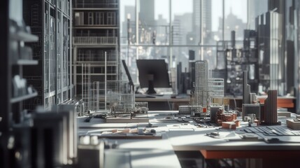 Architectural models displayed on a table with cityscape visible in background