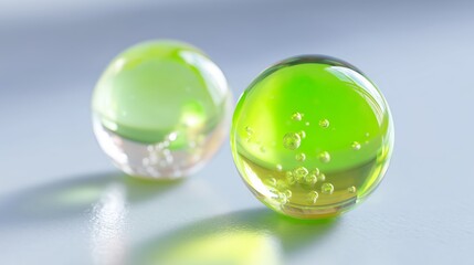 Poster - Colorful spheres filled with bubbles resting on a smooth surface in soft natural light