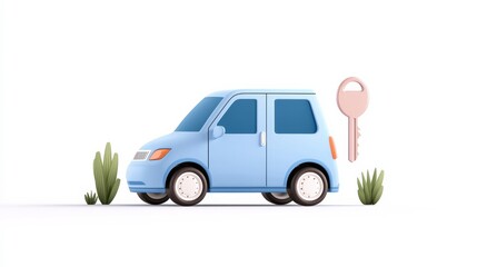  Minimalistic Cartoon Blue Car with a Large Key and Green Vegetation Elements on a White Background
