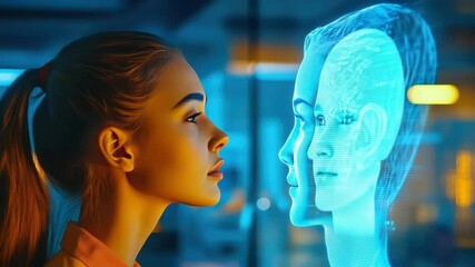 Poster - Woman in a high-tech office interacting with a life-sized holographic figure, symbolizing futuristic communication and advanced digital technology