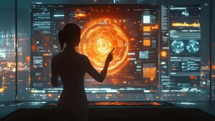 Poster - Businesswoman interacting with holographic screens displaying futuristic AI applications in a sleek, modern office setting