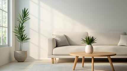 Poster - Warm sunlight illuminating minimalist living room with sofa and plants