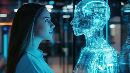 Poster - Woman in a high-tech office interacting with a life-sized holographic figure, symbolizing futuristic communication and advanced digital technology