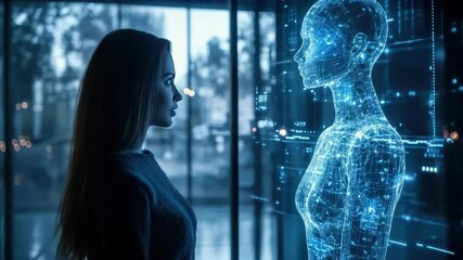 Poster - Woman in a high-tech office interacting with a life-sized holographic figure, symbolizing futuristic communication and advanced digital technology