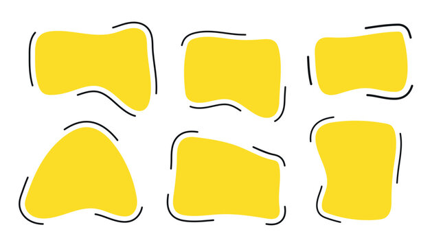 Organic shape text frames. Vector set of abstract yellow speech bubbles. Wavy rectangular, square textboxes.