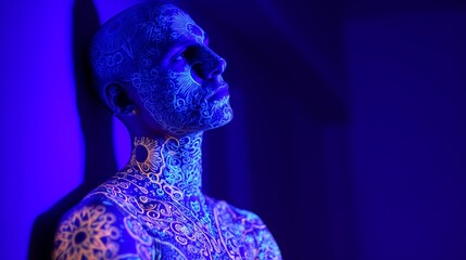 Poster - Body art illuminated under ultraviolet light showcasing intricate patterns and designs during an artistic photoshoot
