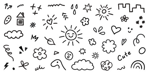 Poster - Set of cute kids elements. Hand drawn collection of scribble doodle icon. Vector line illustration