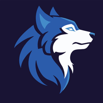 Illustration of a wolf's head, designed in a contemporary, geometric style. The wolf is depicted in shades of blue and white