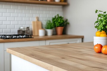 Poster - Empty wooden kitchen island countertop with fresh fruit and herbs