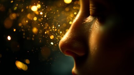 Poster - Close-up of a person's profile with sparkles reflecting light during a night event in a vibrant setting