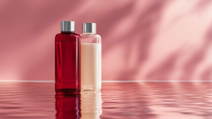 Poster - two elegant bottles of red liquid and cream resting on a reflective surface against a soft pink back