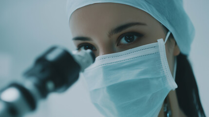 Poster - Focused female medical professional wearing mask and cap looks through microscope