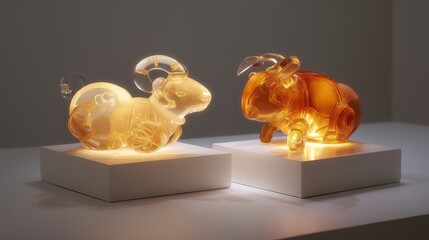 Poster - decorative art pieces depicting stylized goats made from translucent materials illuminated softly in