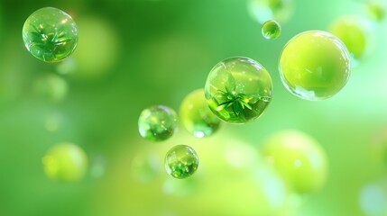 Poster - Bubbles float through a lush green backdrop creating an ethereal atmosphere in nature’s vibrant display