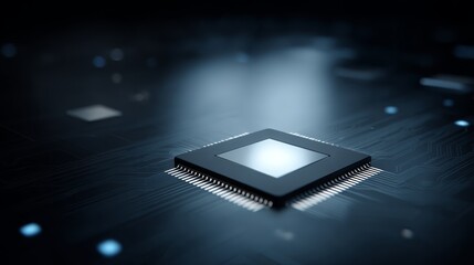 Leinwandbilder - Close-up of a microchip with glowing blue circuits, highlighting advanced tech against a dark background, with space for more content