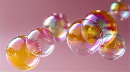 Poster - Iridescent bubbles float gracefully, reflecting soft pastel colors under gentle light, creating a sense of playfulness and lightness in the composition