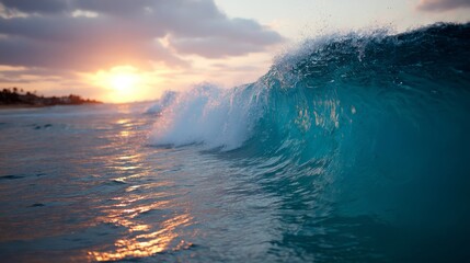 Poster - A powerful turquoise wave crashes with foamy spray as the sun sets, illuminating the scene with warm colors and creating a serene atmosphere by the ocean