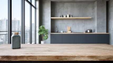Aufkleber - Clean countertop stands ready for product placement with a blurred modern cooking area behind, highlighting spaciousness and versatility for various uses