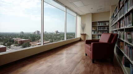 Leinwandbilder - This well-organized study boasts floor-to-ceiling bookshelves, a comfortable armchair, and a window that overlooks a serene landscape on a clear day