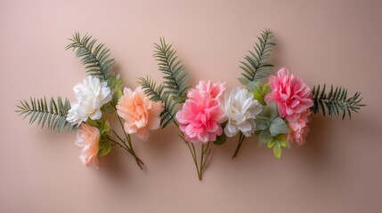Poster - Lush faux flowers and greenery are arranged in a flat lay style against a soft pastel background, creating a decorative and inviting atmosphere with empty space