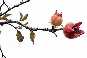 two ripe pomegranates hanging from a branch against a pale background, showcasing their vibrant colo