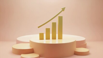 Poster - A yellow 3D bar graph with an upward arrow stands on round podiums against a soft beige background, symbolizing growth and success.
