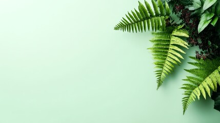 Leinwandbilder - Delicate fern leaves create a serene composition on a mint green surface, providing ample copy space for natural and fresh mockup designs
